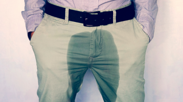 The wet crotch of a man wearing khaki business casual pants and belt with hands in pockets. 