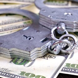 Handcuffs laying on a stack of one hundred dollar bills. 