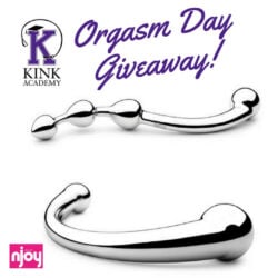 A banner with two chrome njoy sex toys with the words "Orgasm Day Giveaway!"