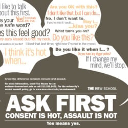 A "Yes means Yes" campaign poster with the silhouette of two people kissing and the words "Ask first, consent is hot, assault is not" 
