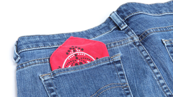 Blue denim jeans with a red hanky sticking out of right back pocket. 