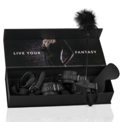 Six Piece Beginners Bondage Set: black set inside a black box. 