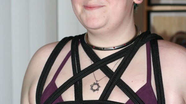 Pentagram straps and necklace on a chest