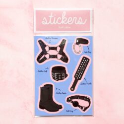 Leather Gear Stickers: sex toy stickers with a pink, purple and black color theme. 