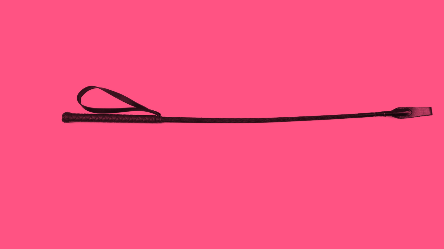 Black leather riding crop on hot pink background